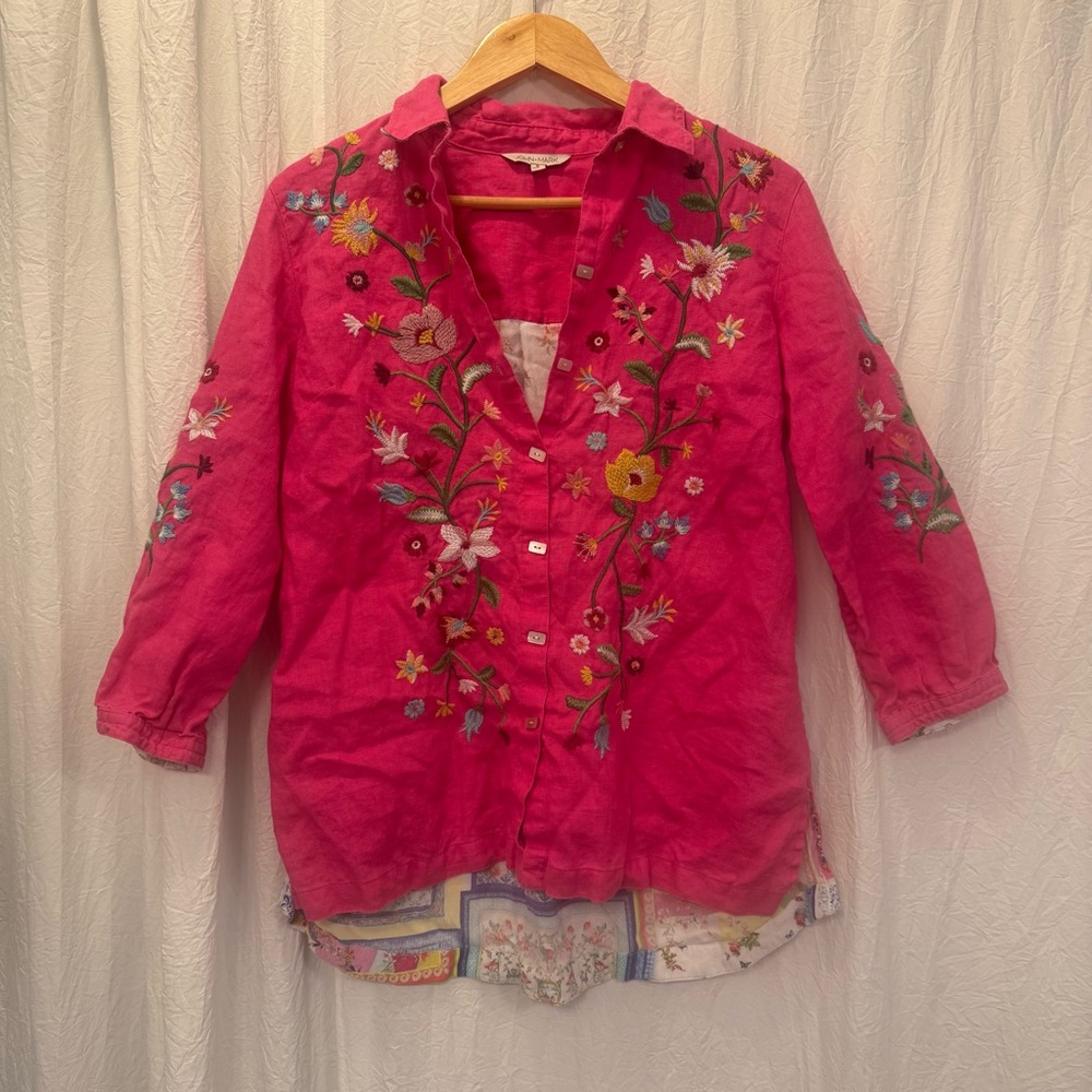 John Mark Embroidered Size Small Floral Linen Shirt 3/4 Sleeve Pink Artsy Boho